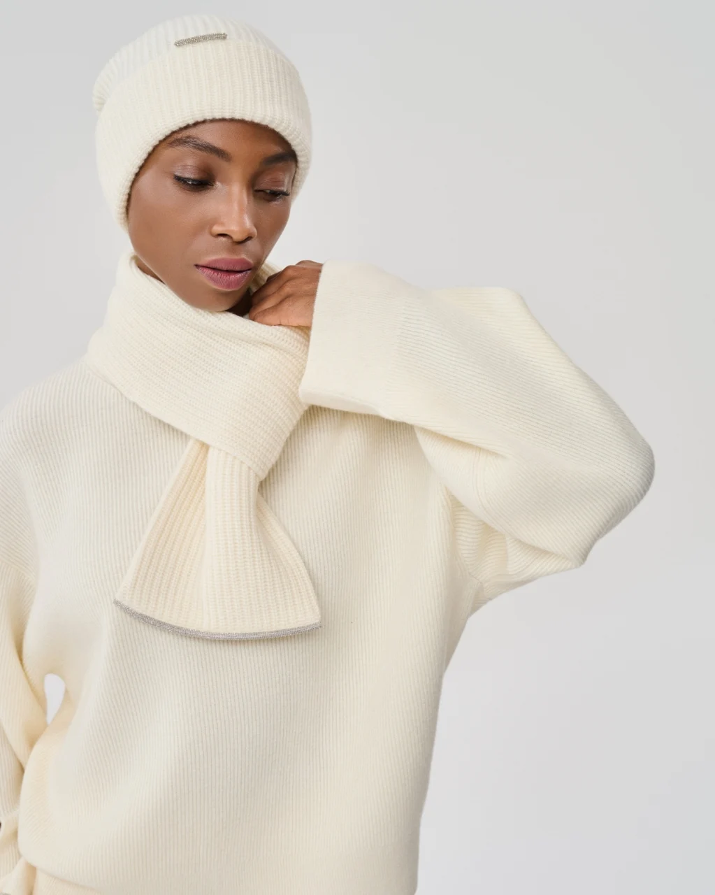 Ivory rib knit and scarf, View 1